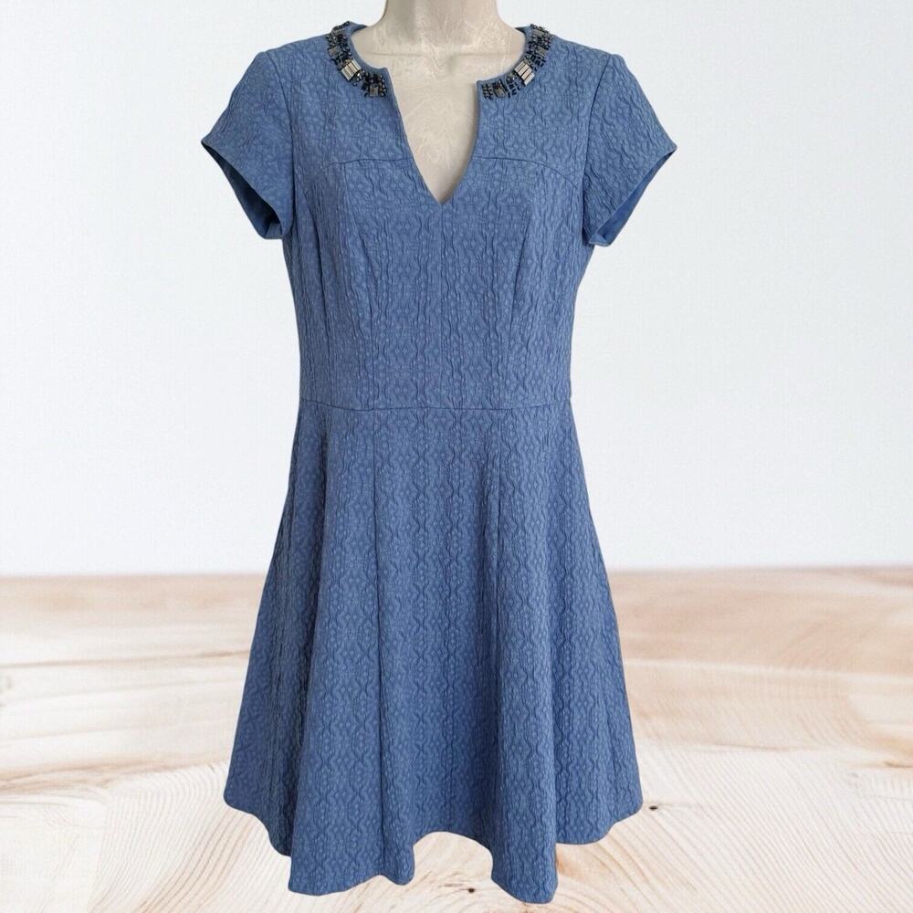 Nanette‎ Lepore Blue Midi Dress Sz 4 Fit & Flare Crystal V Neck Textured Party